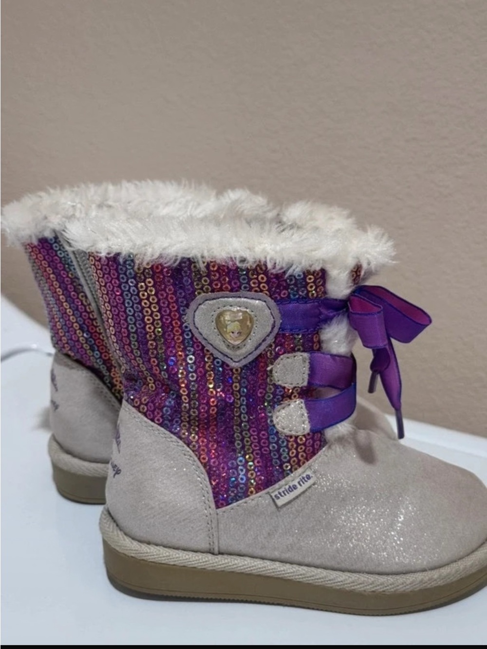 Stride Rite Purple Sequin Faux Fur Bow Kids Boots